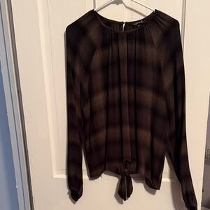 CHARLIE B Black and Olive Plaid Tie-Front Long Sleeve Blouse